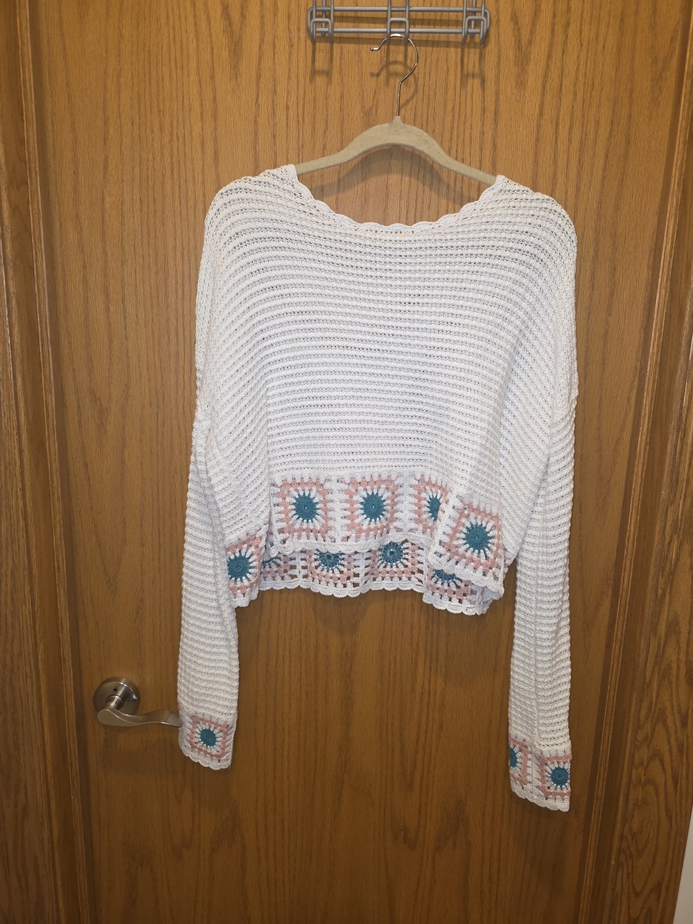 Sincerely Jules White Crochet Sweater with Teal and Pink Accents